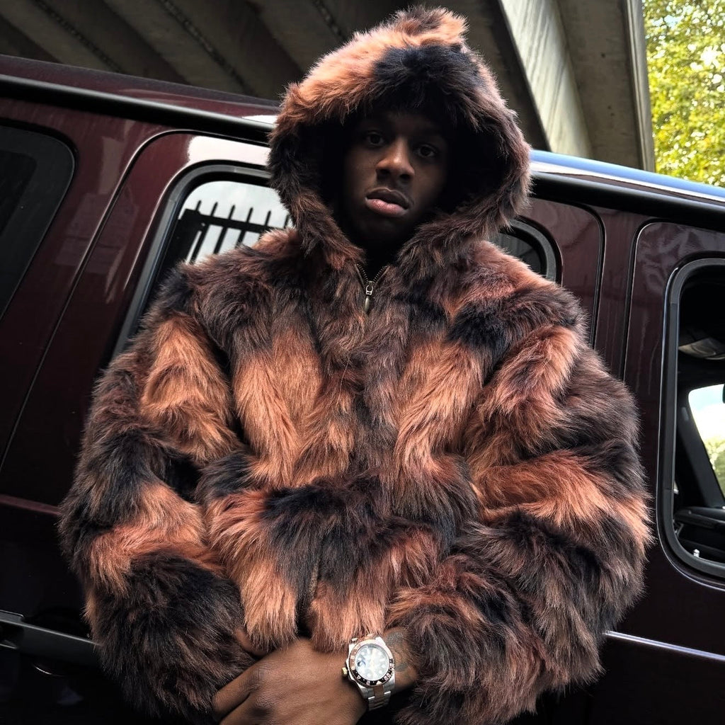 DIAMOND HOODED FUR JACKET (BROWN)