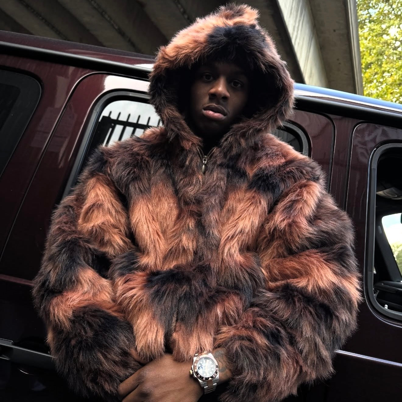 DIAMOND HOODED FUR JACKET (BROWN)