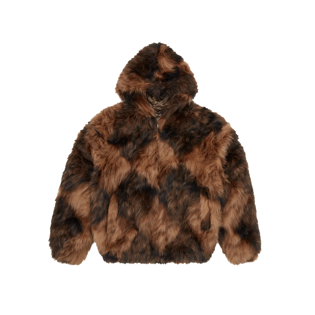DIAMOND HOODED FUR JACKET (BROWN)